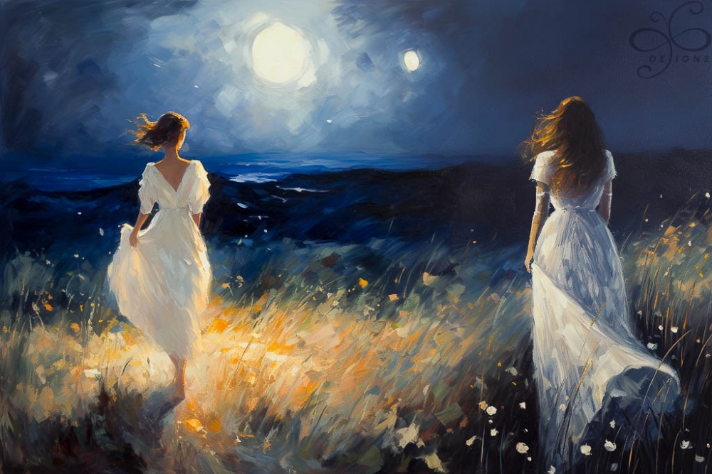 Moonlight A1 - Vakkert bilde inspirert av neoimpressjonisme med brukt små penselstrøk og rene farger. 