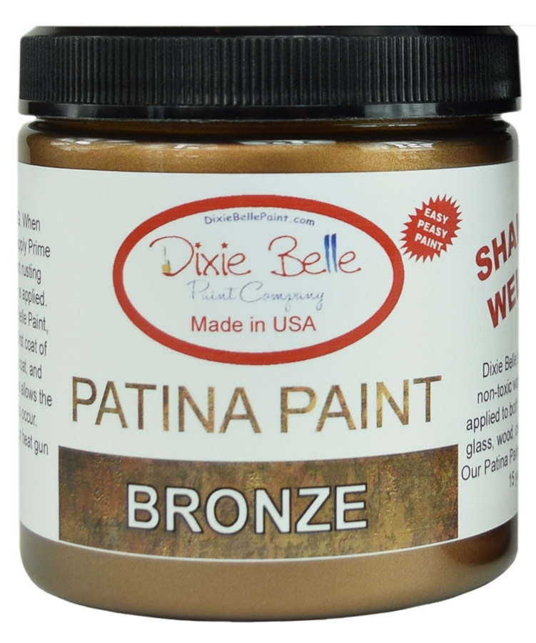 Create REAL Rust and Patina with our Patina Paint!
Choose between Iron, Copper and Bronze for 3 different results! After one coat of Dixie Belle Paint, apply one coat of Patina Paint, let dry.
