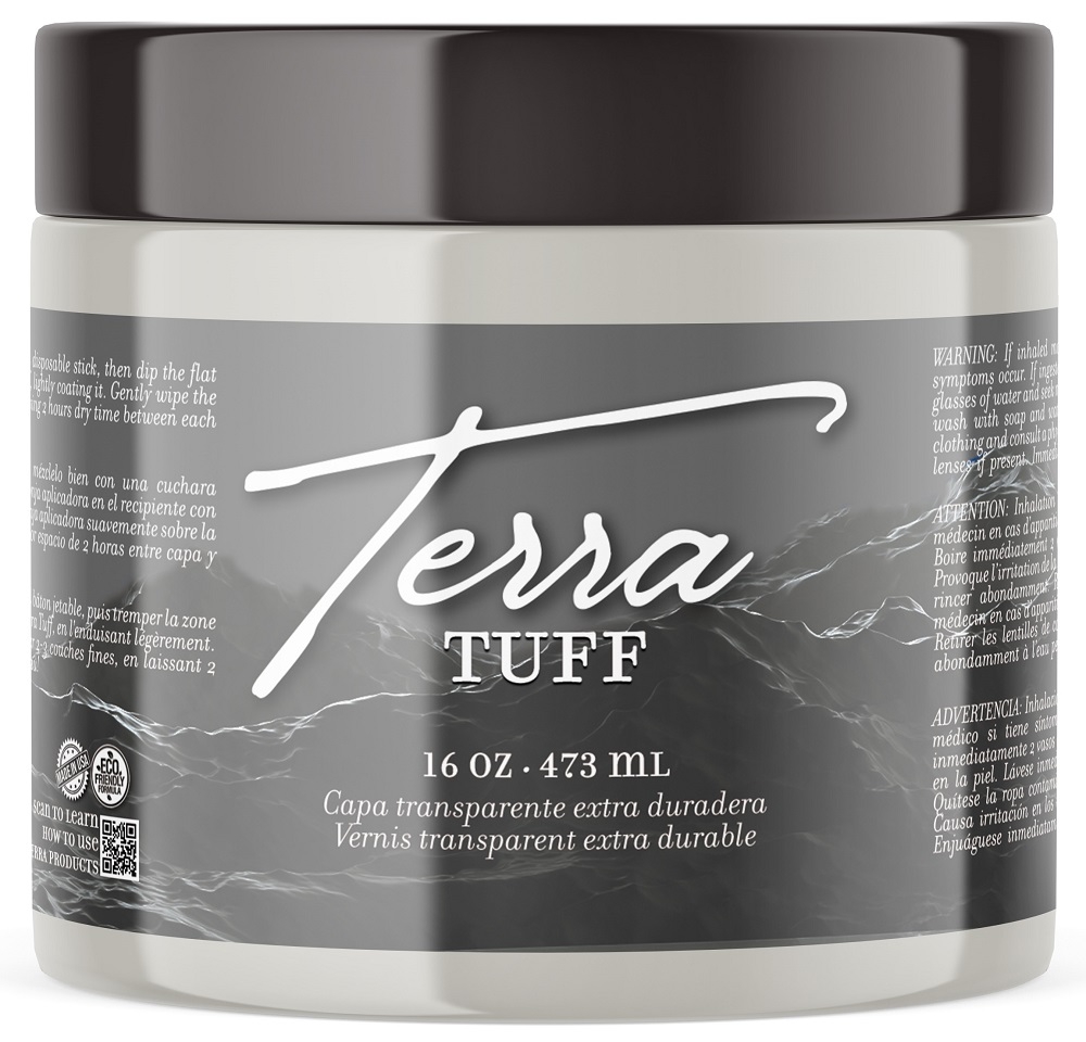 Terra Tuff is our water resistant top coat that will provide protection for your piece with a beautiful satin finish!.